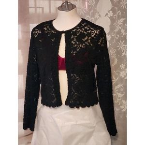 DRESS BARN COLLECTION LACE/NET Black Scalloped Bolero Open Long Sleeve Shrug EC